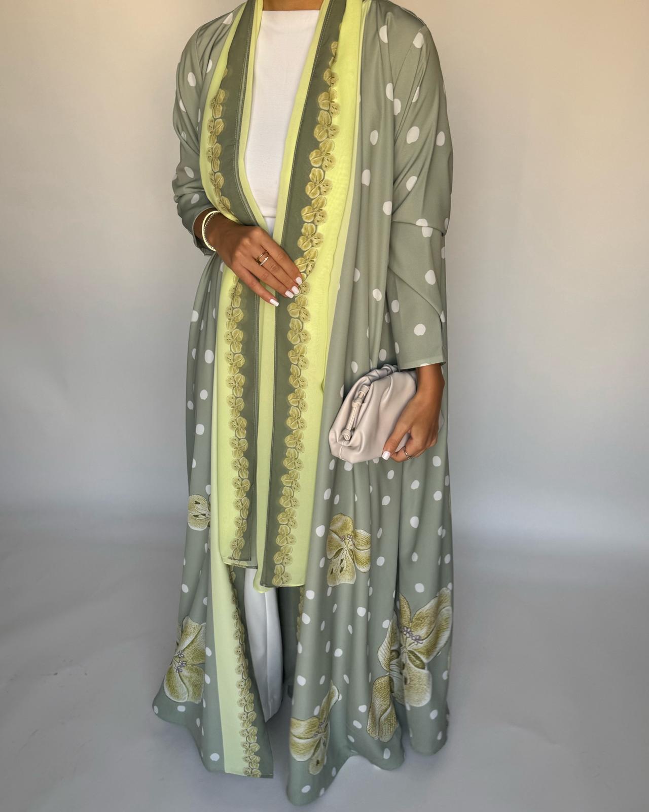 A470 - Green Polka Dot Flower A-Cut Crepe Abaya with Matching Head Scarf