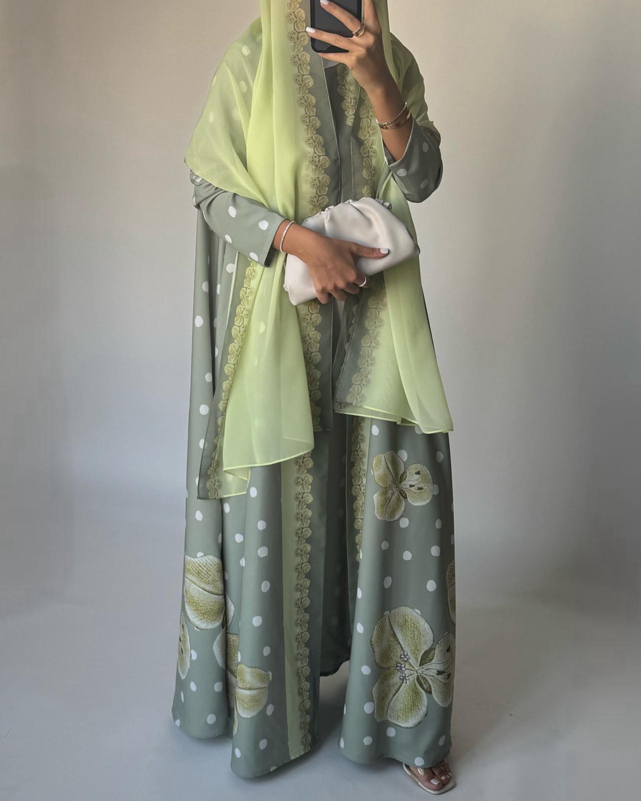 A470 - Green Polka Dot Flower A-Cut Crepe Abaya with Matching Head Scarf