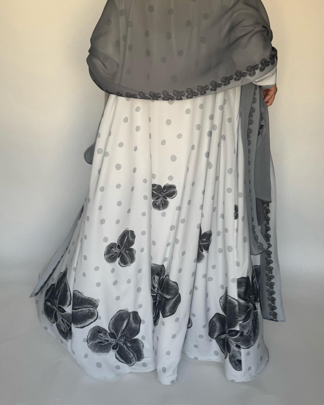 A467 - Gray Polka Dot Flower A-Cut Crepe Abaya with Matching Head Scarf