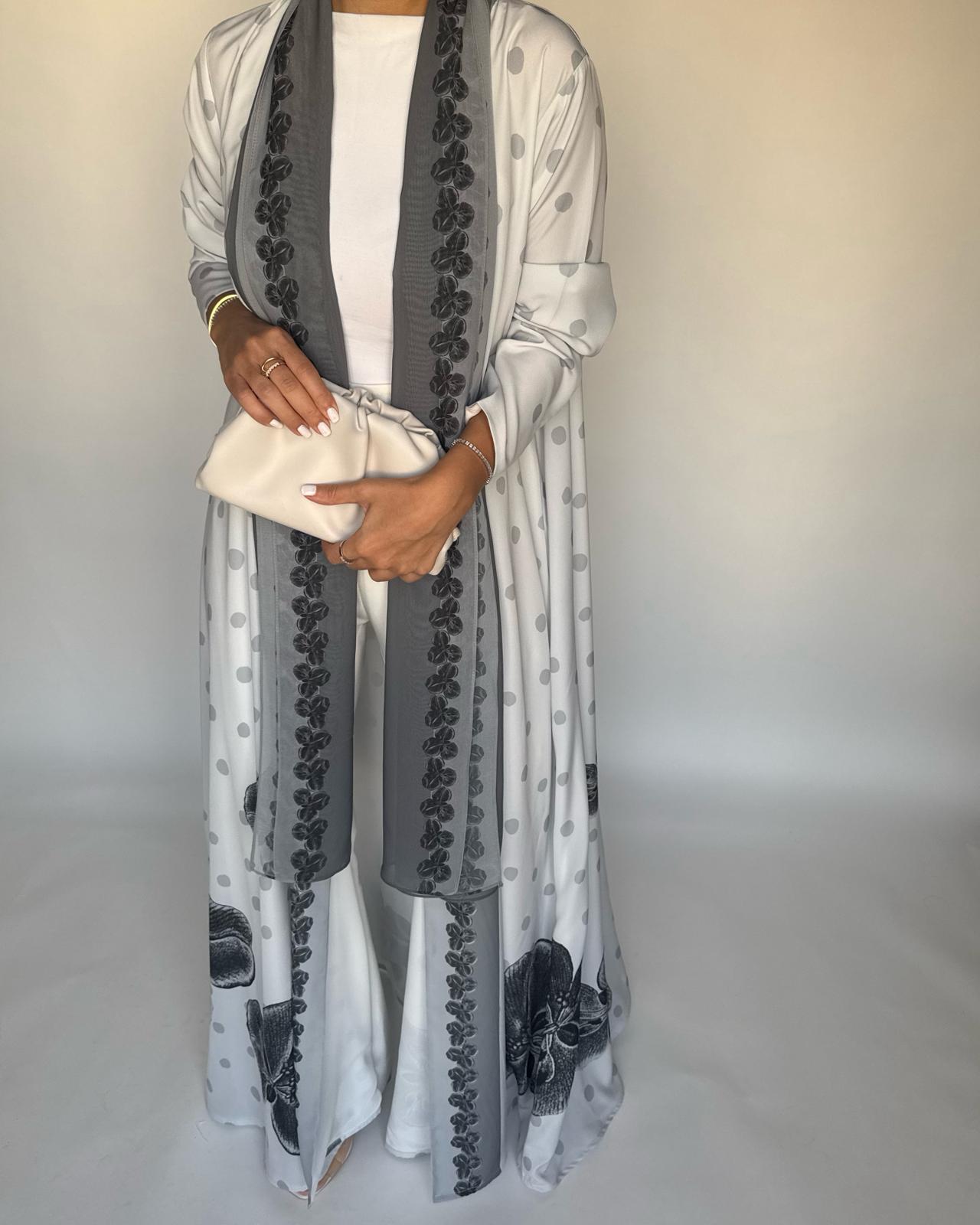 A467 - Gray Polka Dot Flower A-Cut Crepe Abaya with Matching Head Scarf