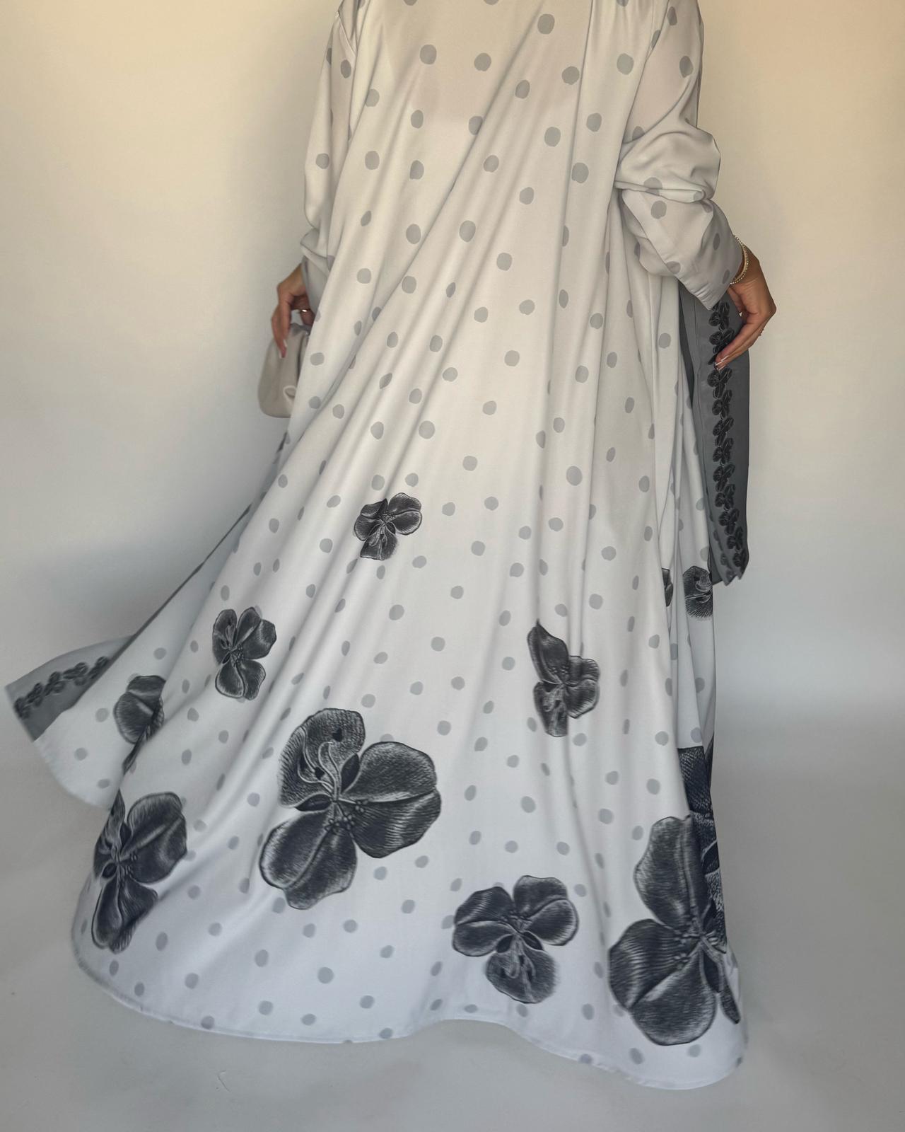 A467 - Gray Polka Dot Flower A-Cut Crepe Abaya with Matching Head Scarf