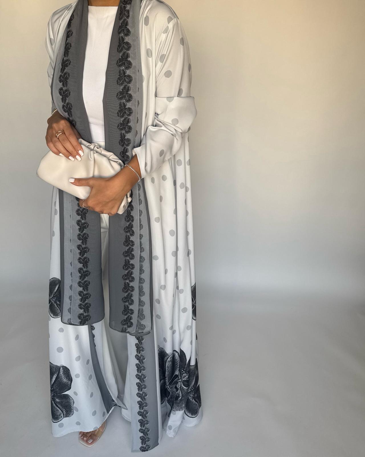 A467 - Gray Polka Dot Flower A-Cut Crepe Abaya with Matching Head Scarf