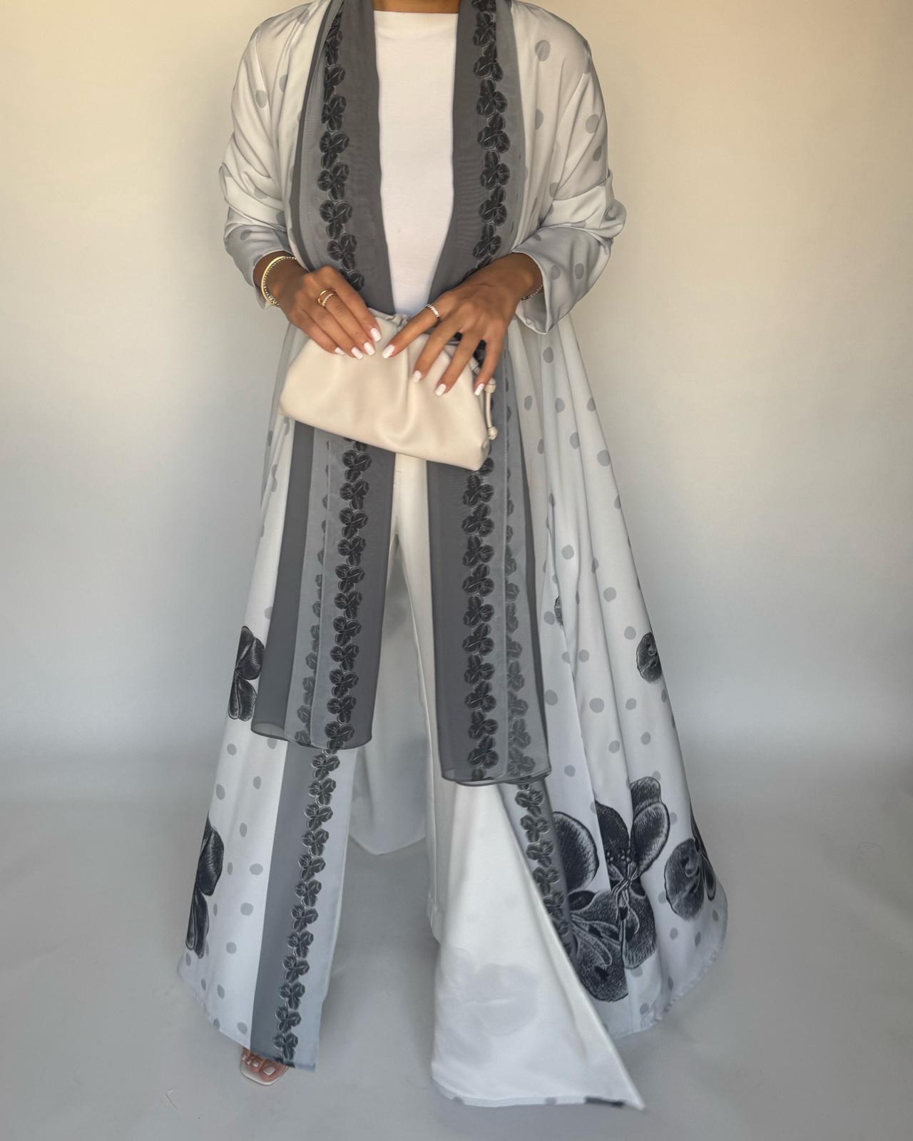 A467 - Gray Polka Dot Flower A-Cut Crepe Abaya with Matching Head Scarf
