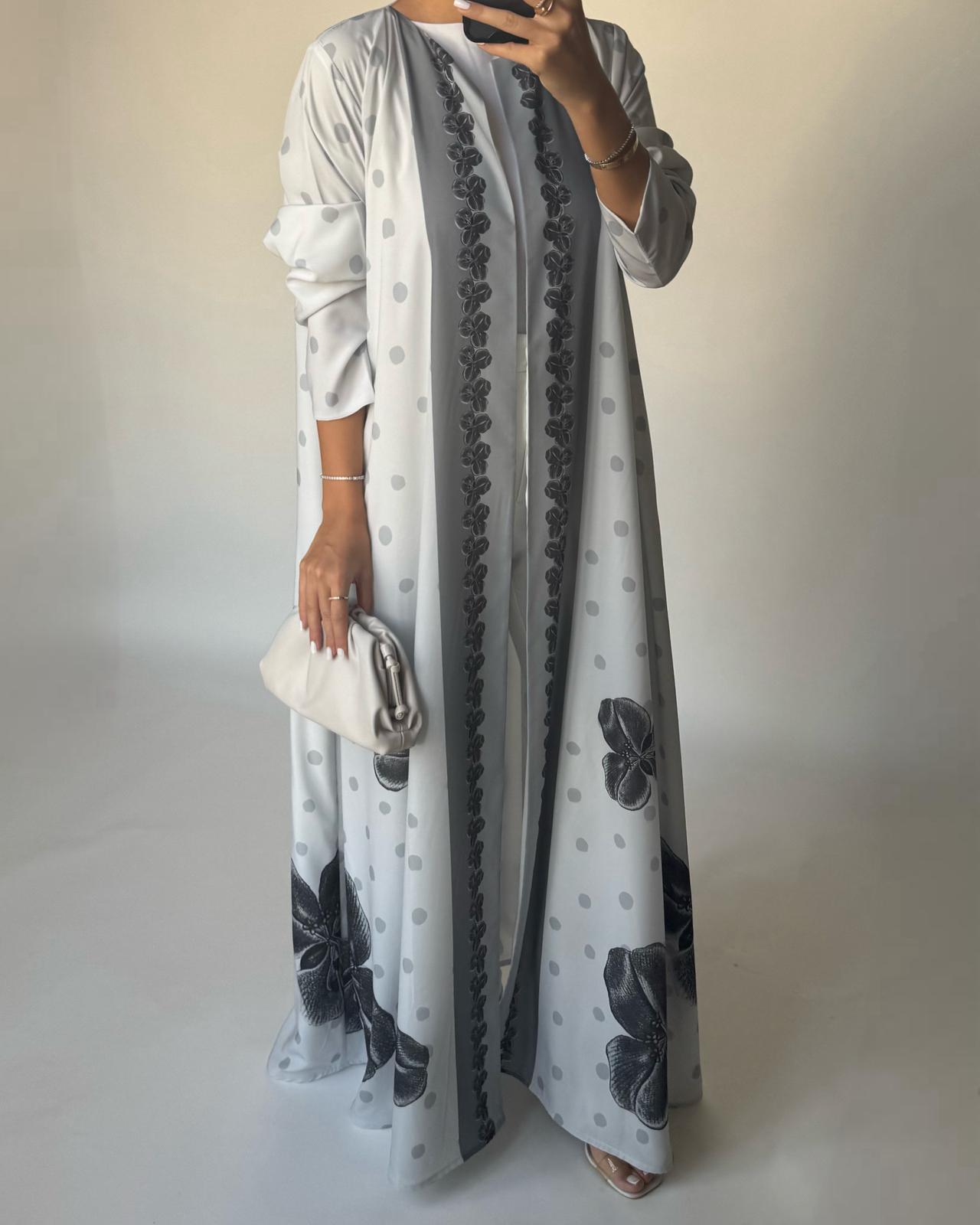 A467 - Gray Polka Dot Flower A-Cut Crepe Abaya with Matching Head Scarf