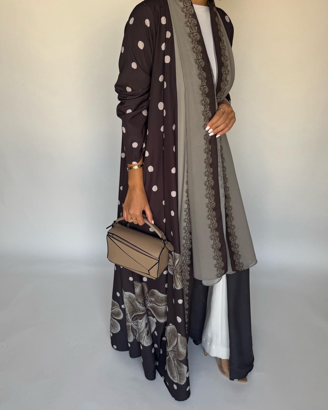 A469 - Brown Polka Dot Flower A-Cut Crepe Abaya with Matching Head Scarf