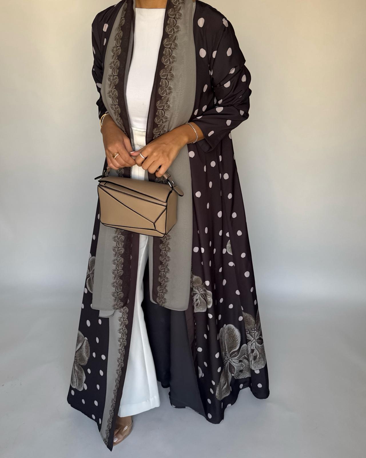 A469 - Brown Polka Dot Flower A-Cut Crepe Abaya with Matching Head Scarf