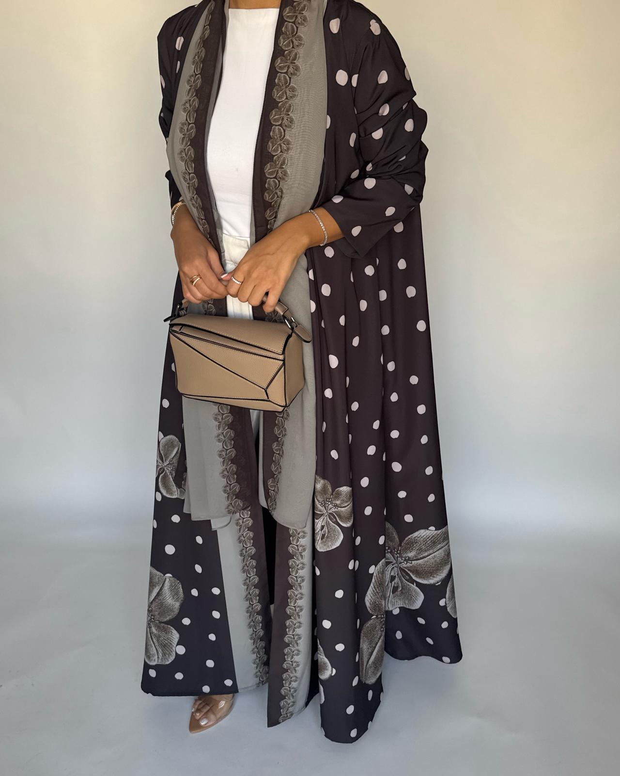 A469 - Brown Polka Dot Flower A-Cut Crepe Abaya with Matching Head Scarf