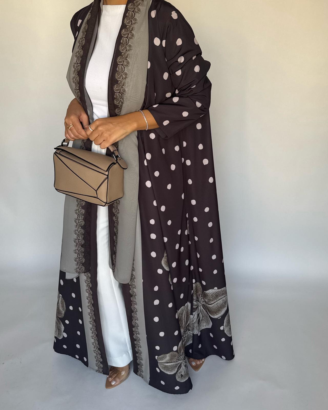A469 - Brown Polka Dot Flower A-Cut Crepe Abaya with Matching Head Scarf