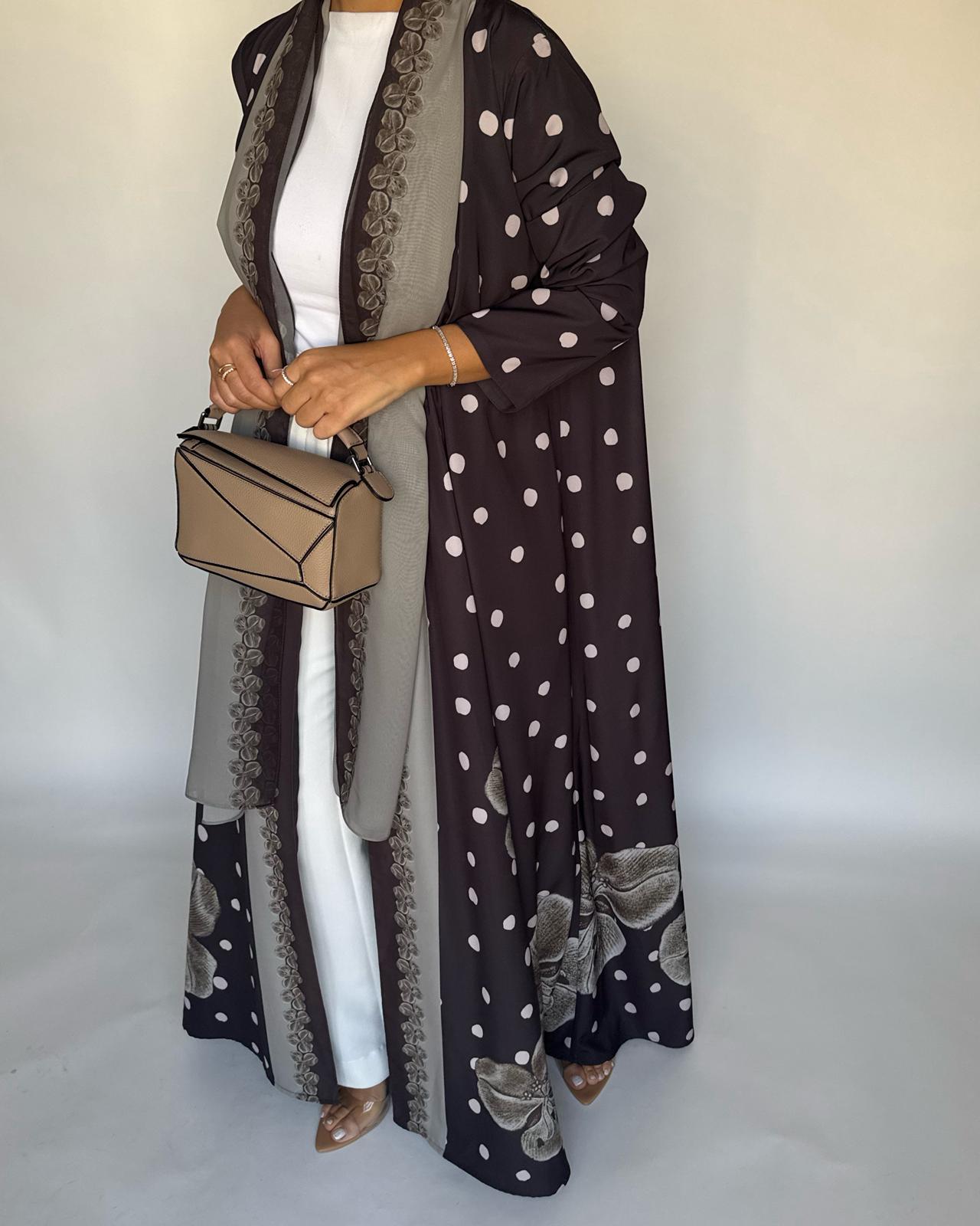 A469 - Brown Polka Dot Flower A-Cut Crepe Abaya with Matching Head Scarf