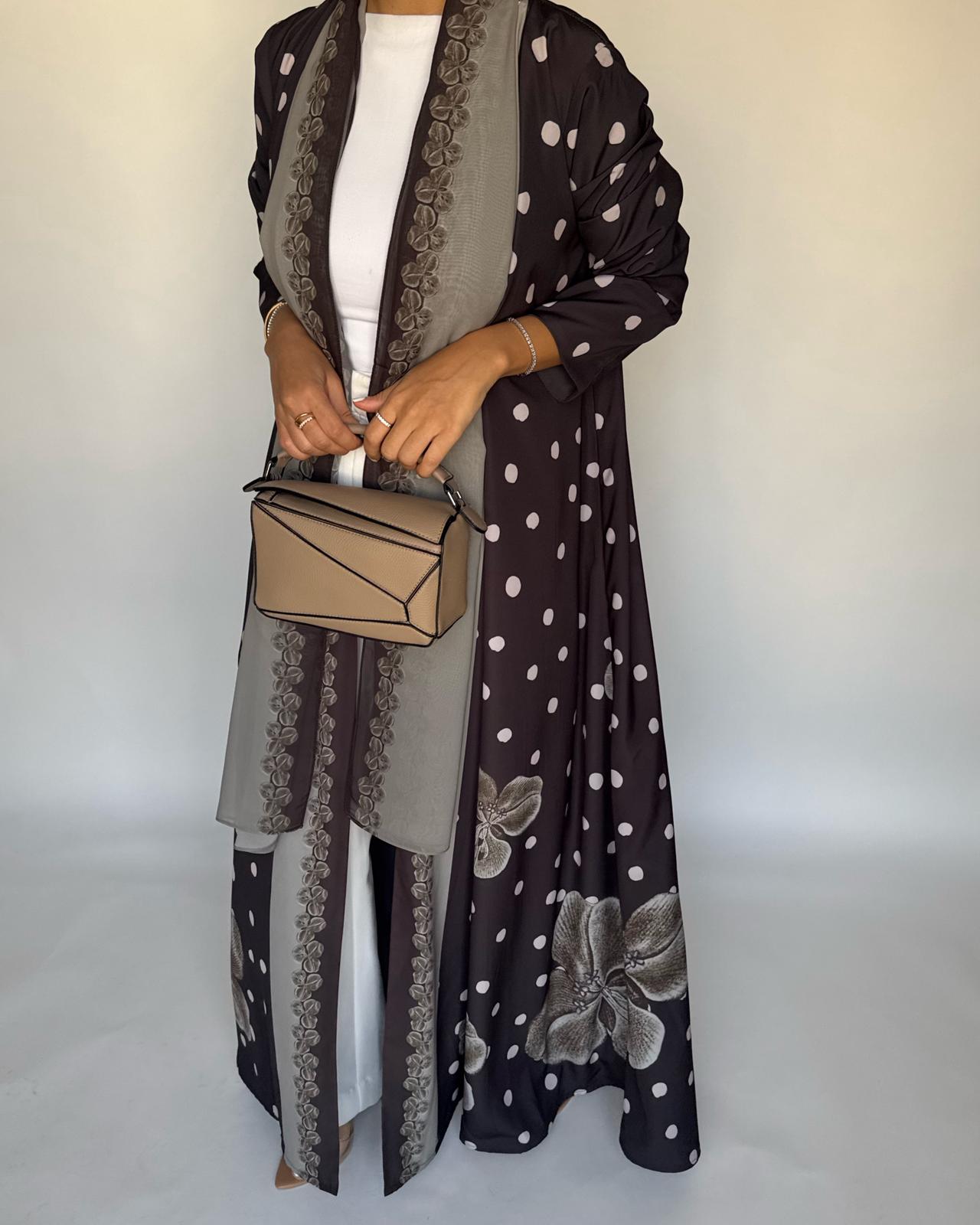 A469 - Brown Polka Dot Flower A-Cut Crepe Abaya with Matching Head Scarf