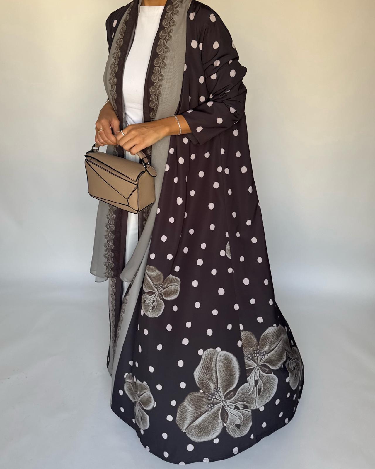 A469 - Brown Polka Dot Flower A-Cut Crepe Abaya with Matching Head Scarf