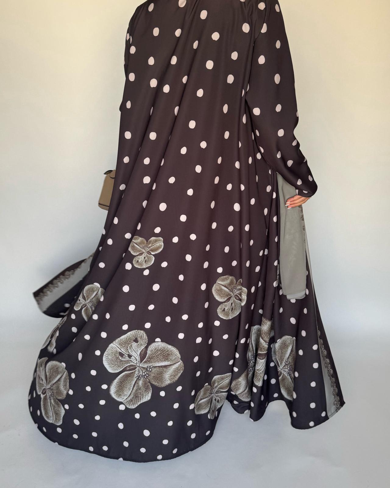 A469 - Brown Polka Dot Flower A-Cut Crepe Abaya with Matching Head Scarf