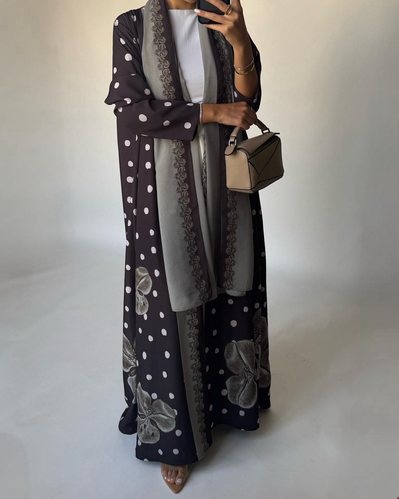 A469 - Brown Polka Dot Flower A-Cut Crepe Abaya with Matching Head Scarf
