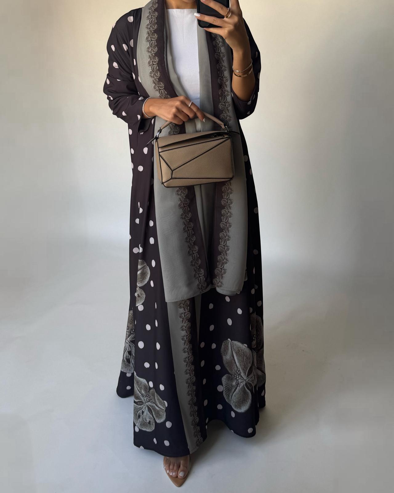 A469 - Brown Polka Dot Flower A-Cut Crepe Abaya with Matching Head Scarf
