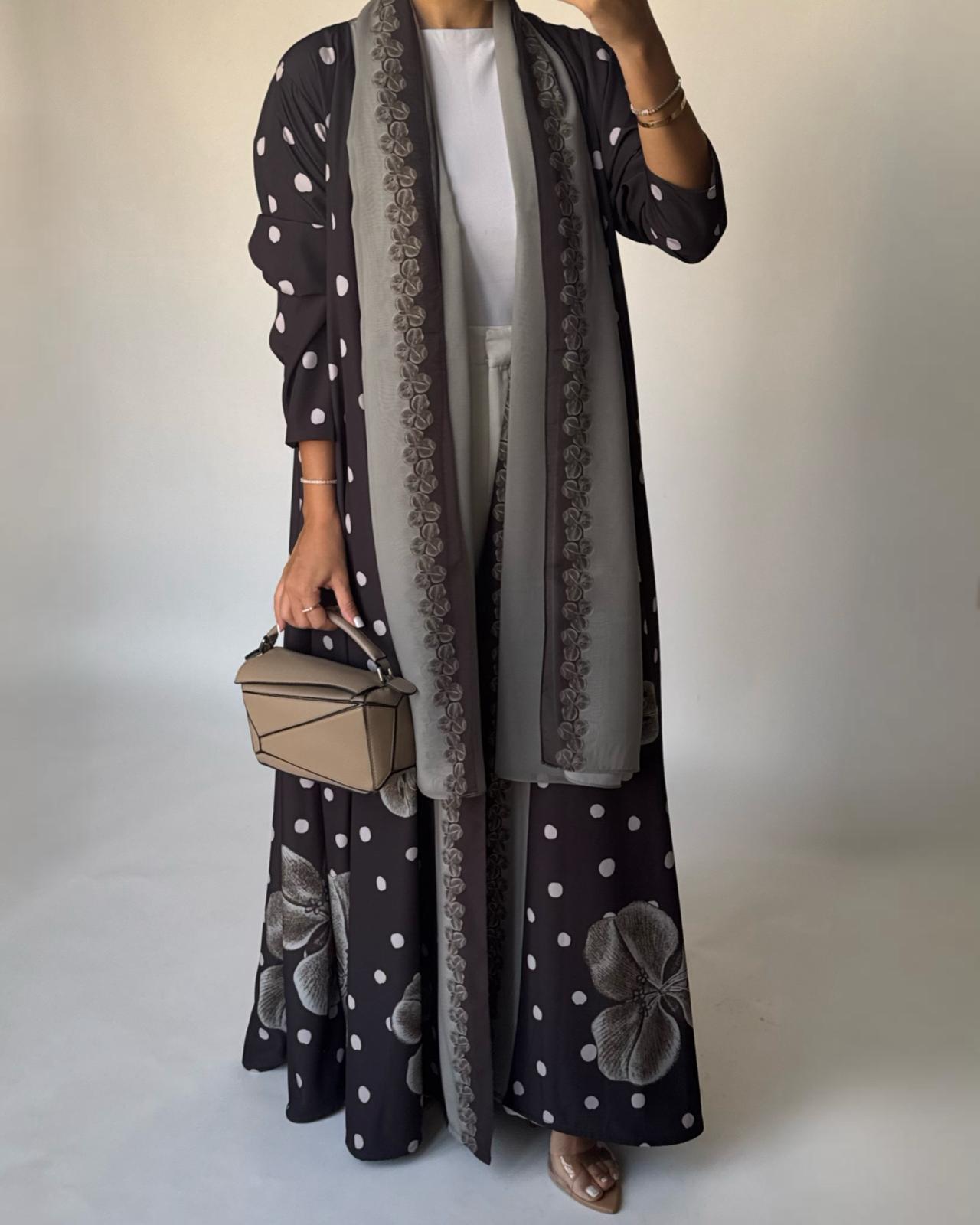 A469 - Brown Polka Dot Flower A-Cut Crepe Abaya with Matching Head Scarf