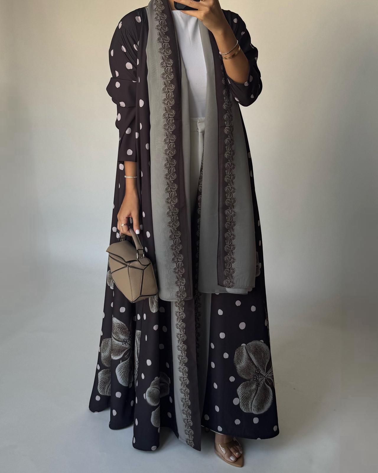 A469 - Brown Polka Dot Flower A-Cut Crepe Abaya with Matching Head Scarf