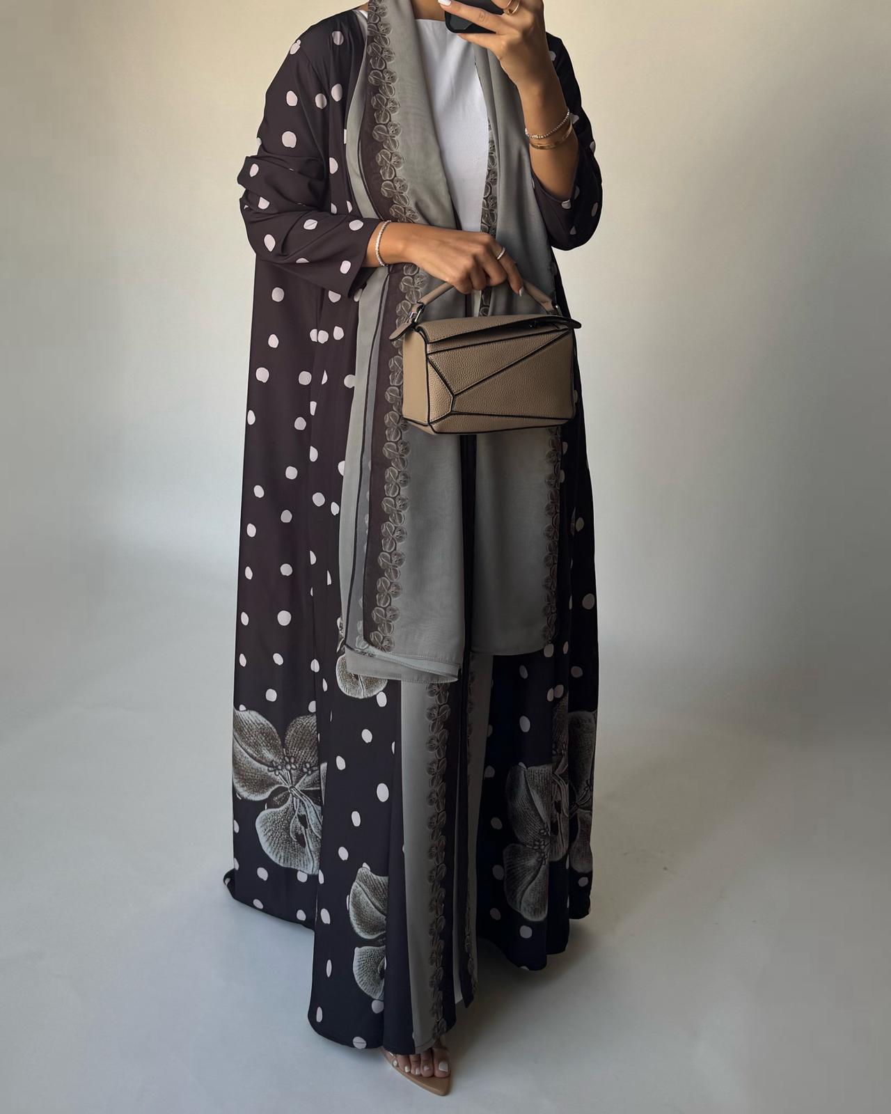 A469 - Brown Polka Dot Flower A-Cut Crepe Abaya with Matching Head Scarf