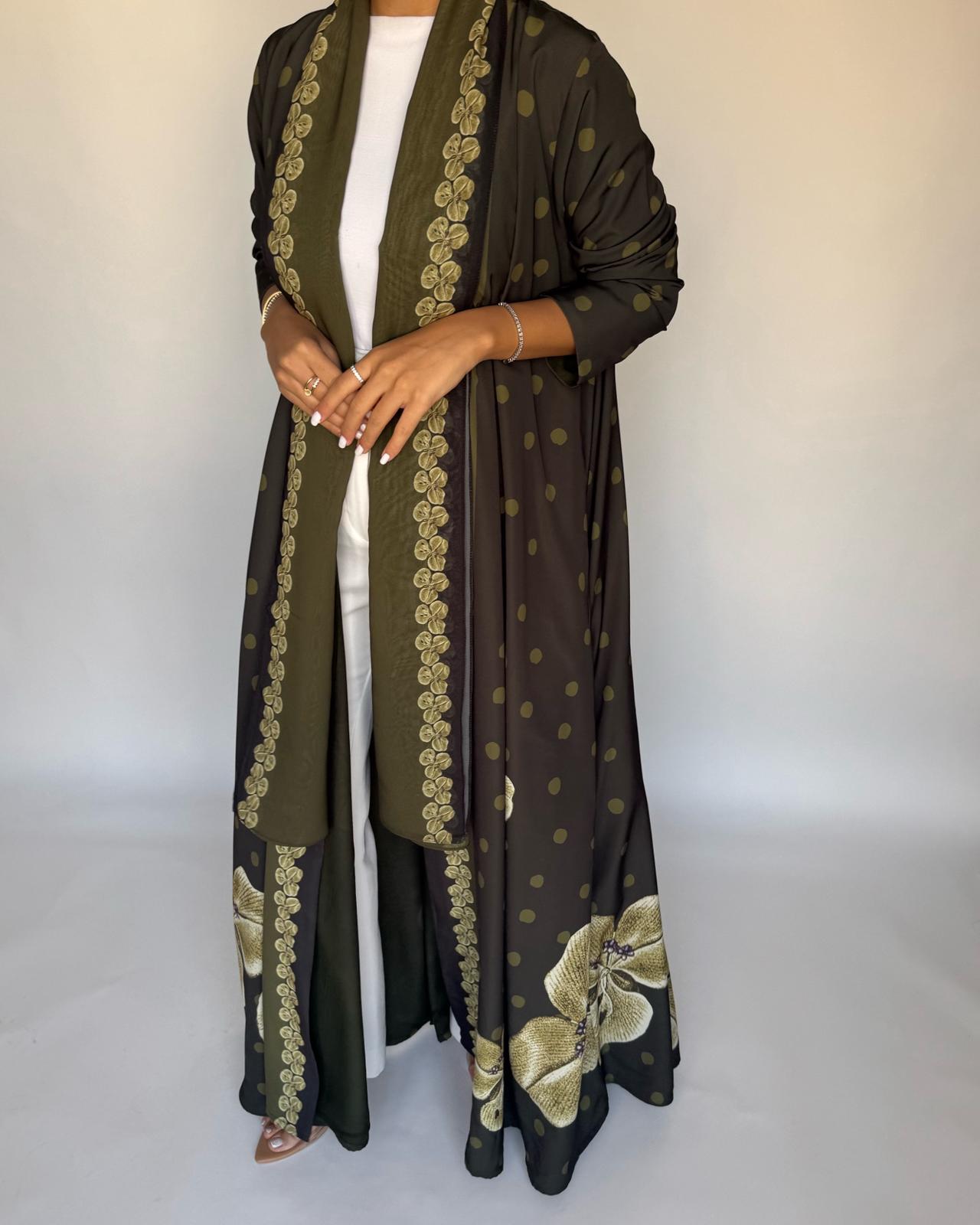 A468 - Olive Green Polka Dot Flower A-Cut Crepe Abaya with Matching Head Scarf