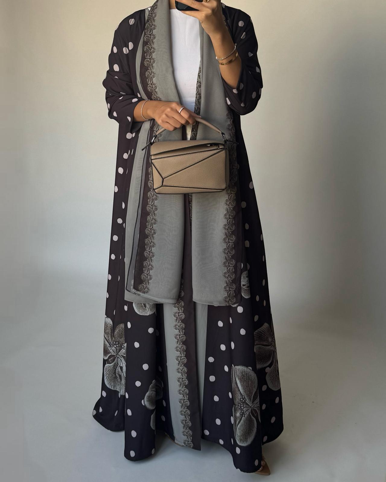 A469 - Brown Polka Dot Flower A-Cut Crepe Abaya with Matching Head Scarf