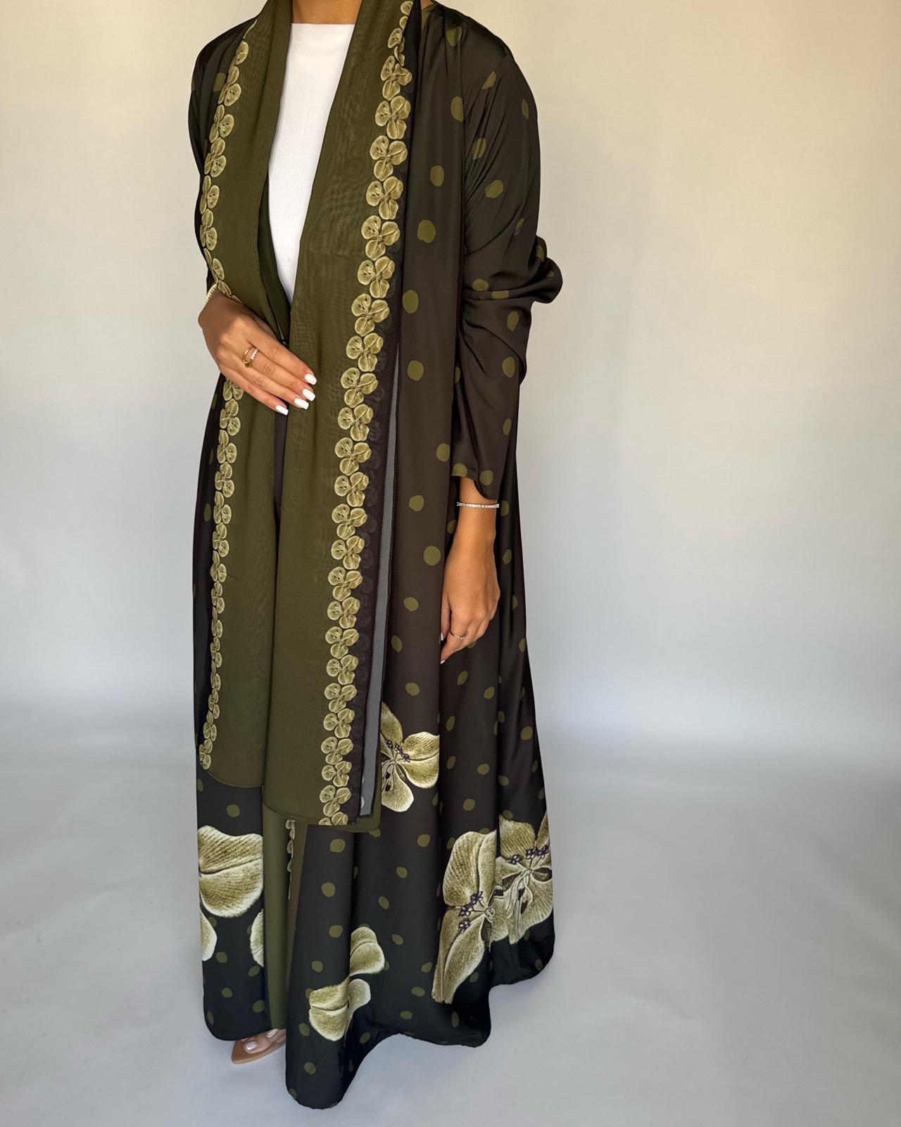 A468 - Olive Green Polka Dot Flower A-Cut Crepe Abaya with Matching Head Scarf
