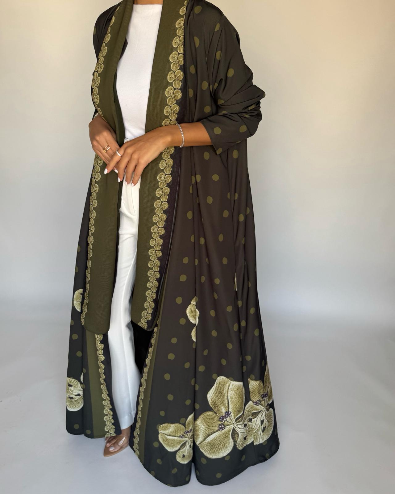 A468 - Olive Green Polka Dot Flower A-Cut Crepe Abaya with Matching Head Scarf