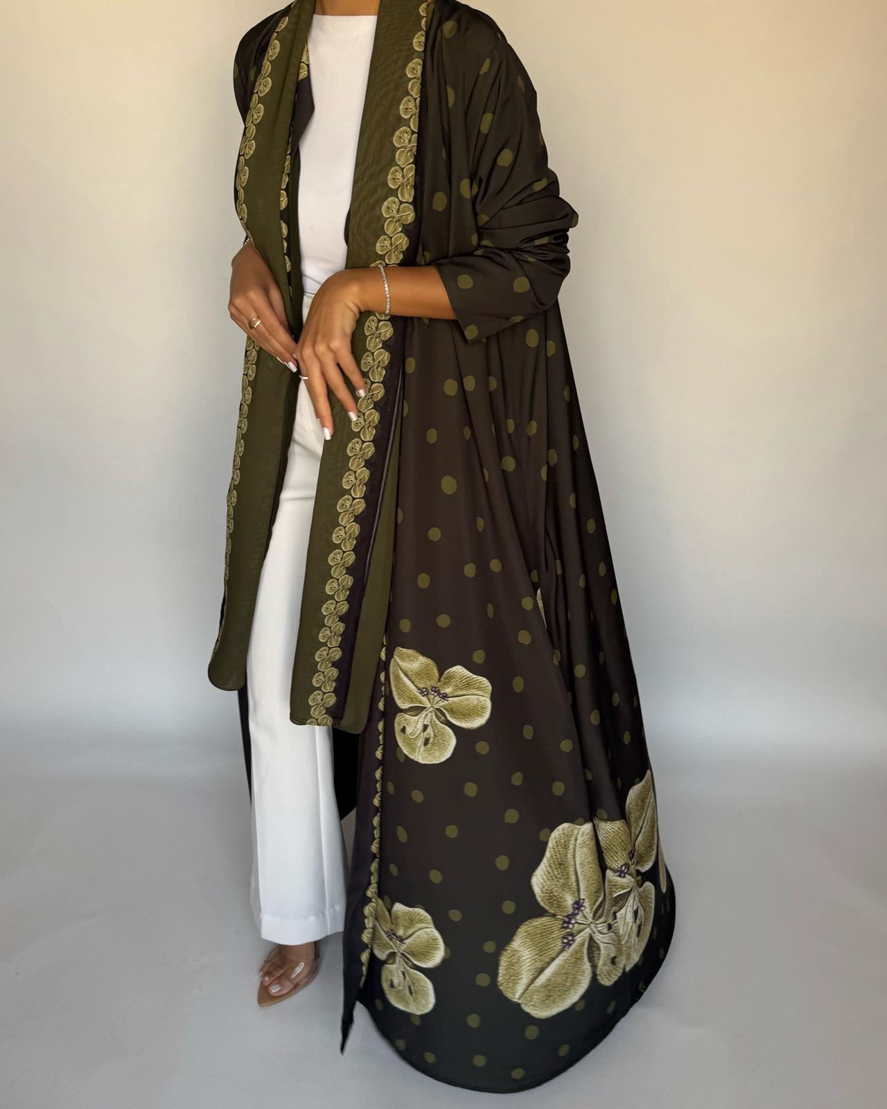 A468 - Olive Green Polka Dot Flower A-Cut Crepe Abaya with Matching Head Scarf