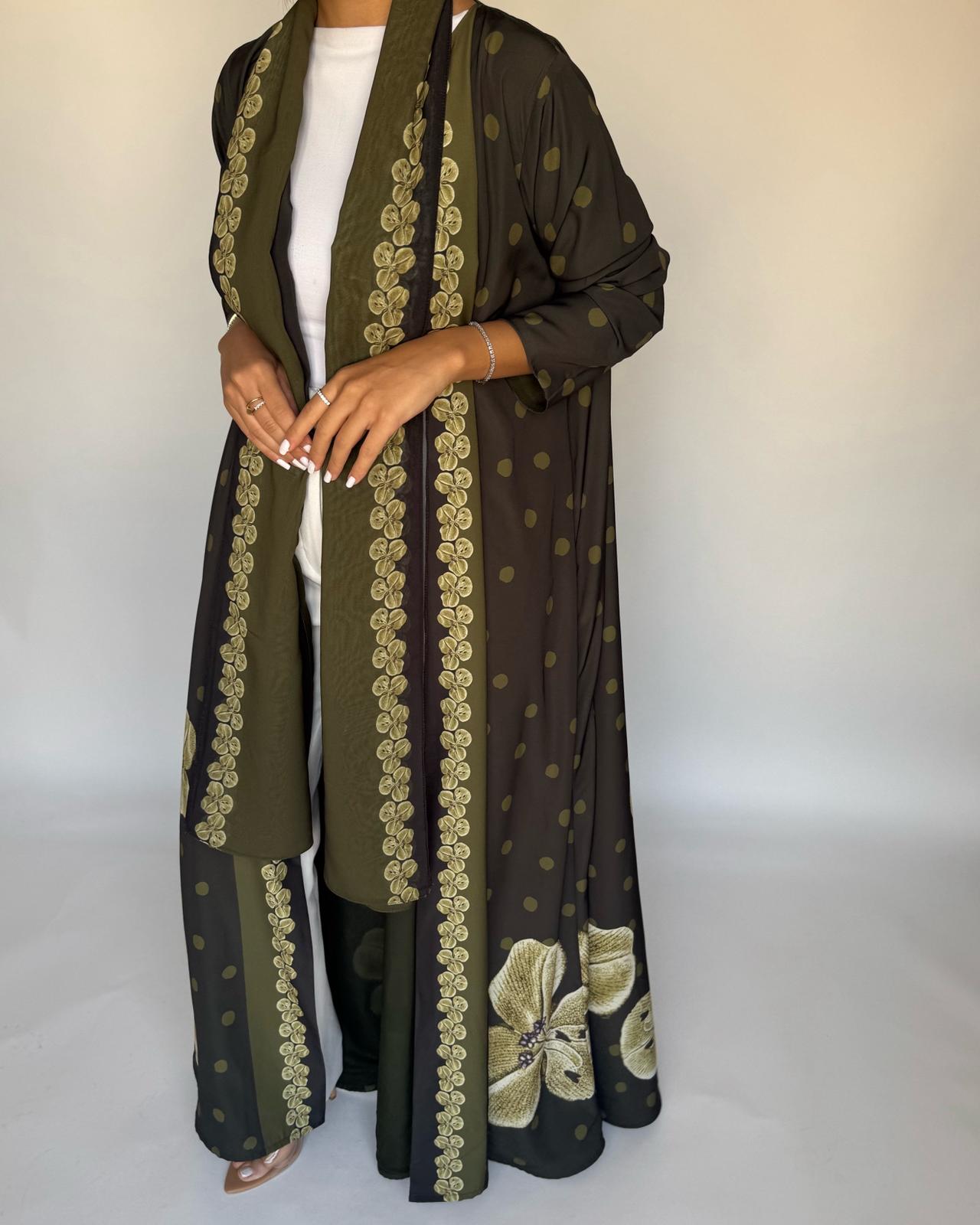 A468 - Olive Green Polka Dot Flower A-Cut Crepe Abaya with Matching Head Scarf