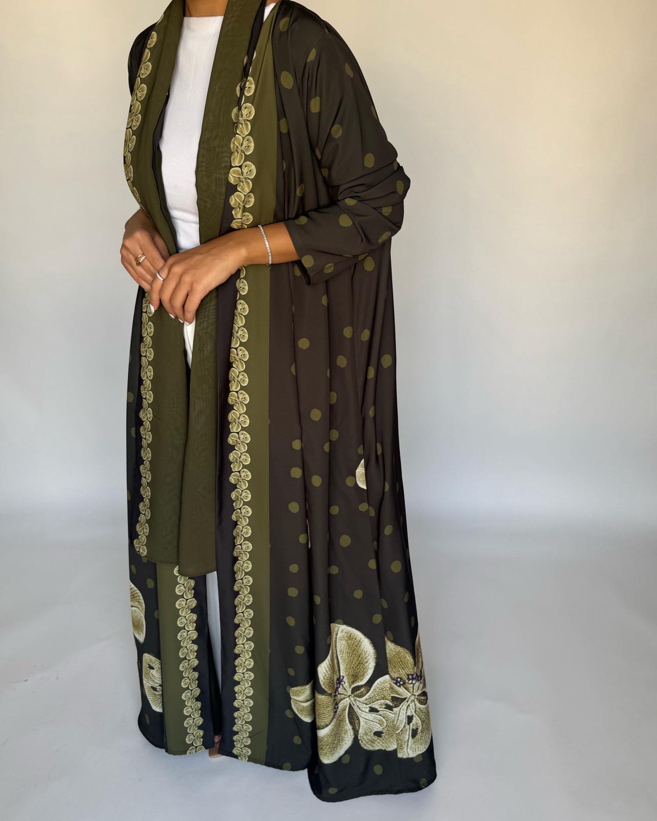 A468 - Olive Green Polka Dot Flower A-Cut Crepe Abaya with Matching Head Scarf