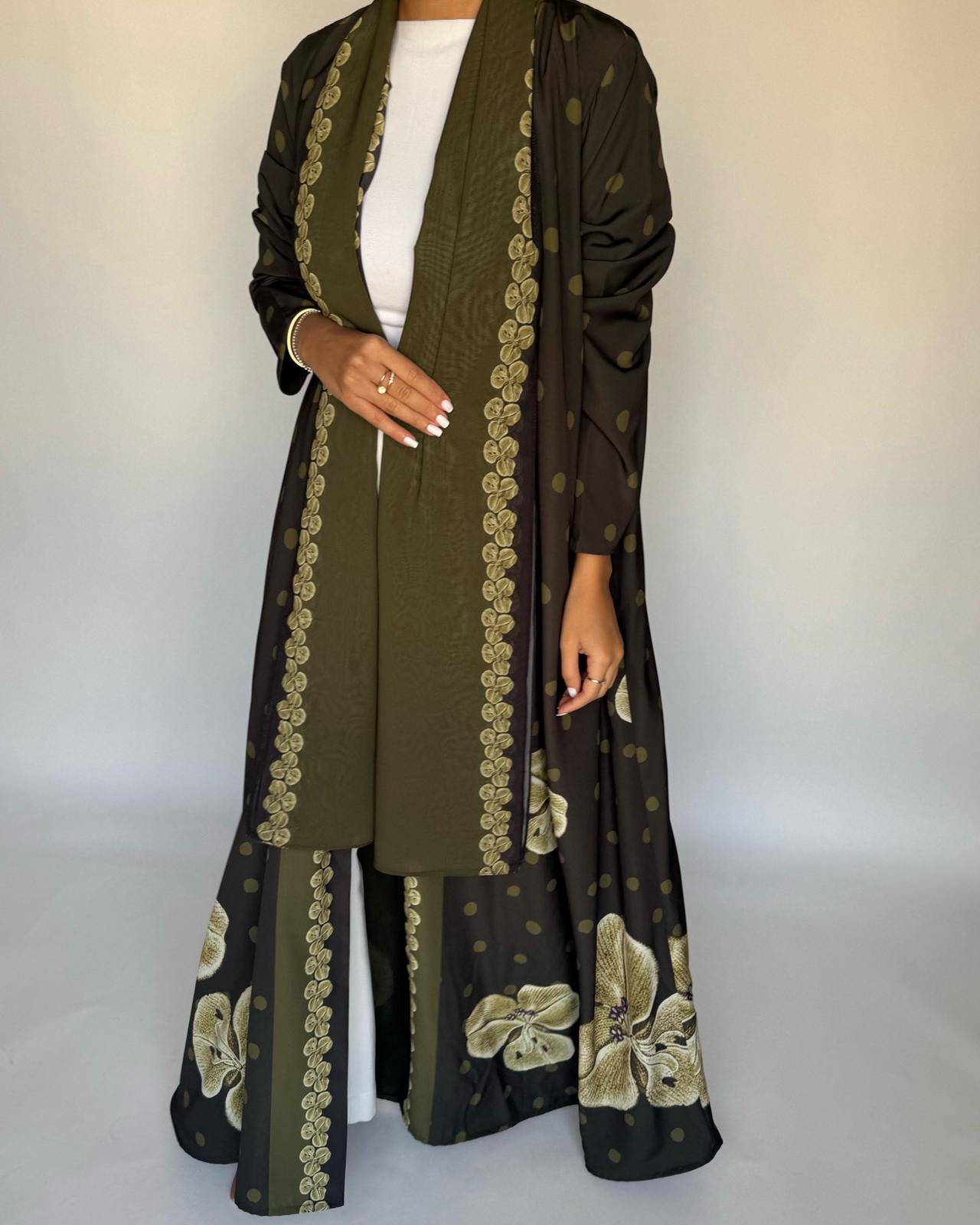 A468 - Olive Green Polka Dot Flower A-Cut Crepe Abaya with Matching Head Scarf