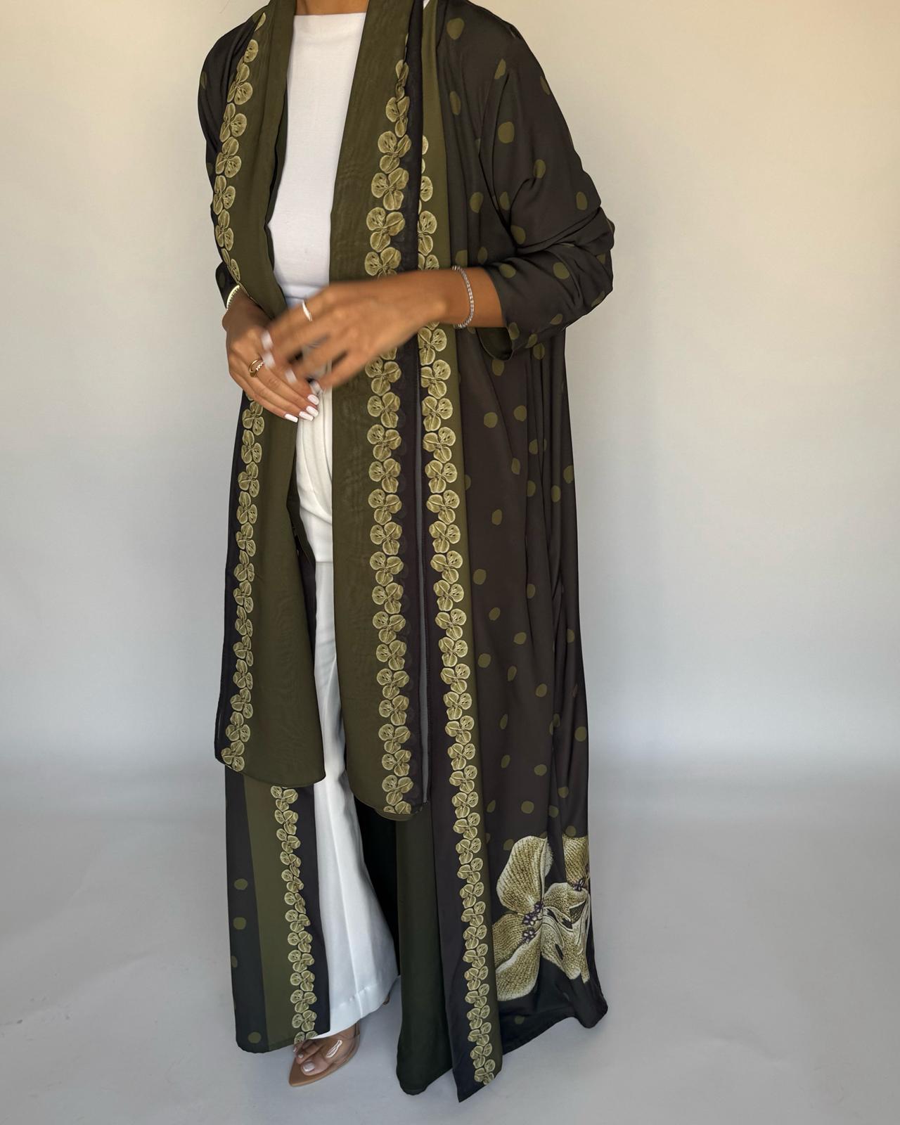 A468 - Olive Green Polka Dot Flower A-Cut Crepe Abaya with Matching Head Scarf