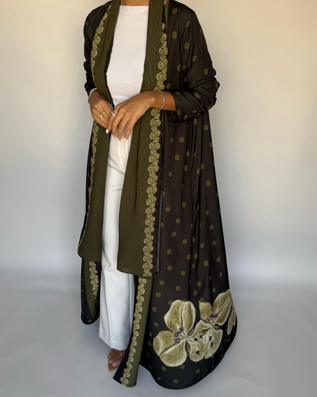 A468 - Olive Green Polka Dot Flower A-Cut Crepe Abaya with Matching Head Scarf