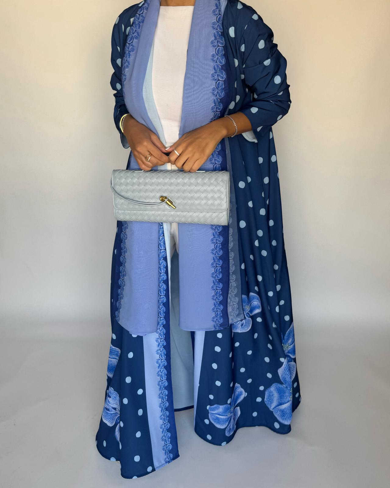 A471 - Blue Polka Dot Flower A-Cut Crepe Abaya with Matching Head Scarf
