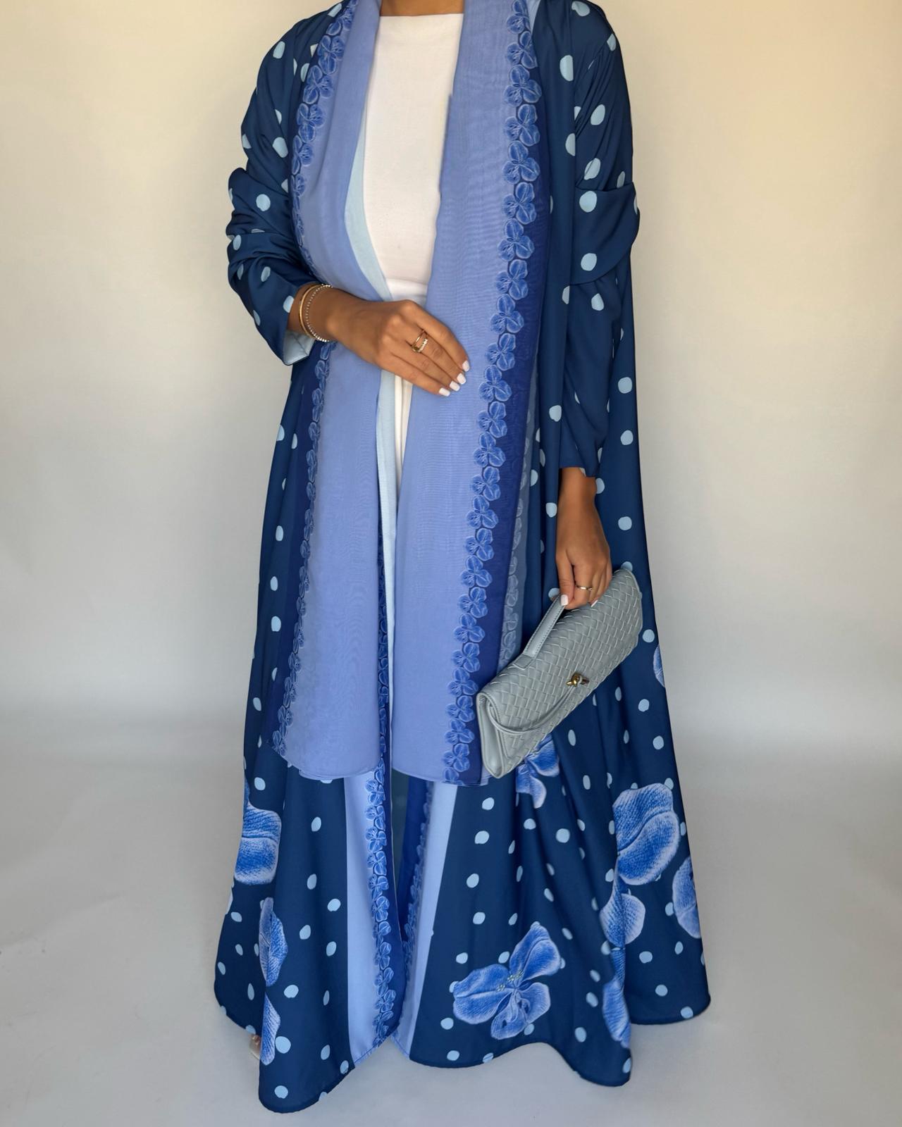 A471 - Blue Polka Dot Flower A-Cut Crepe Abaya with Matching Head Scarf