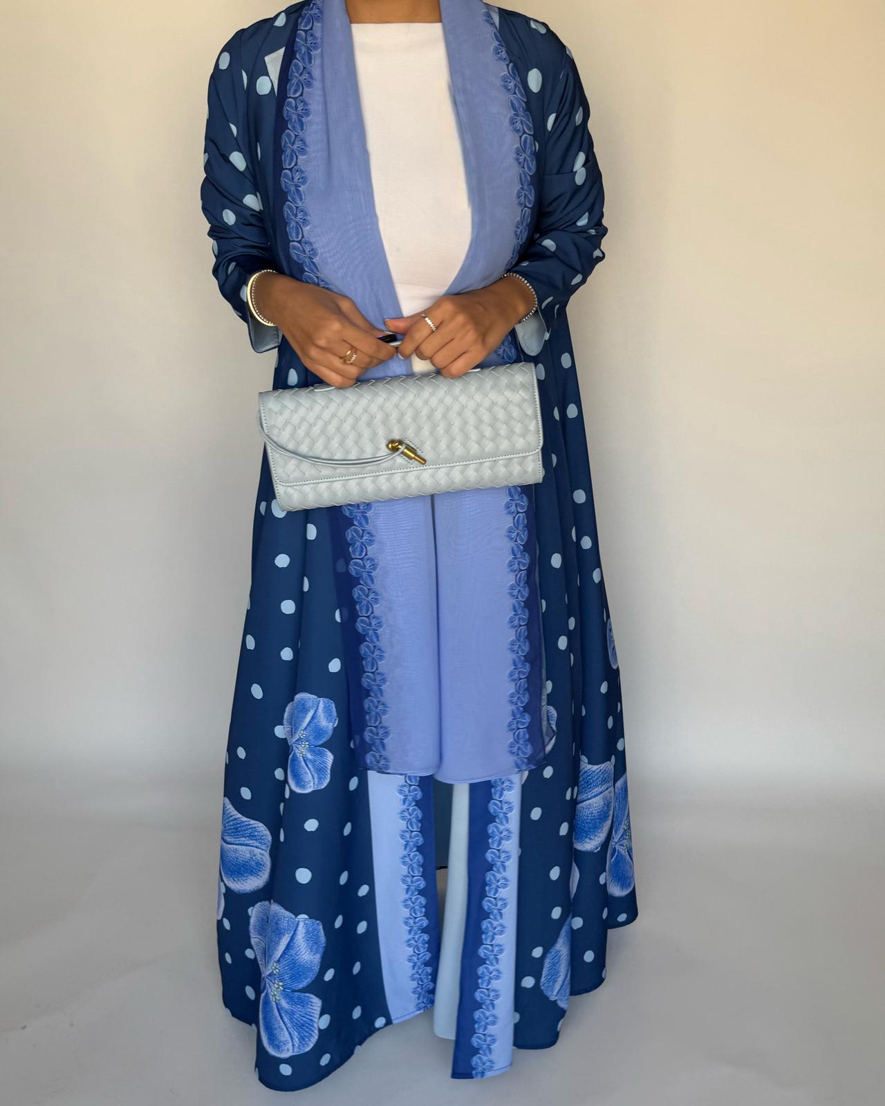 A471 - Blue Polka Dot Flower A-Cut Crepe Abaya with Matching Head Scarf