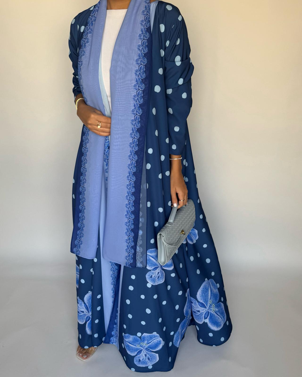 A471 - Blue Polka Dot Flower A-Cut Crepe Abaya with Matching Head Scarf