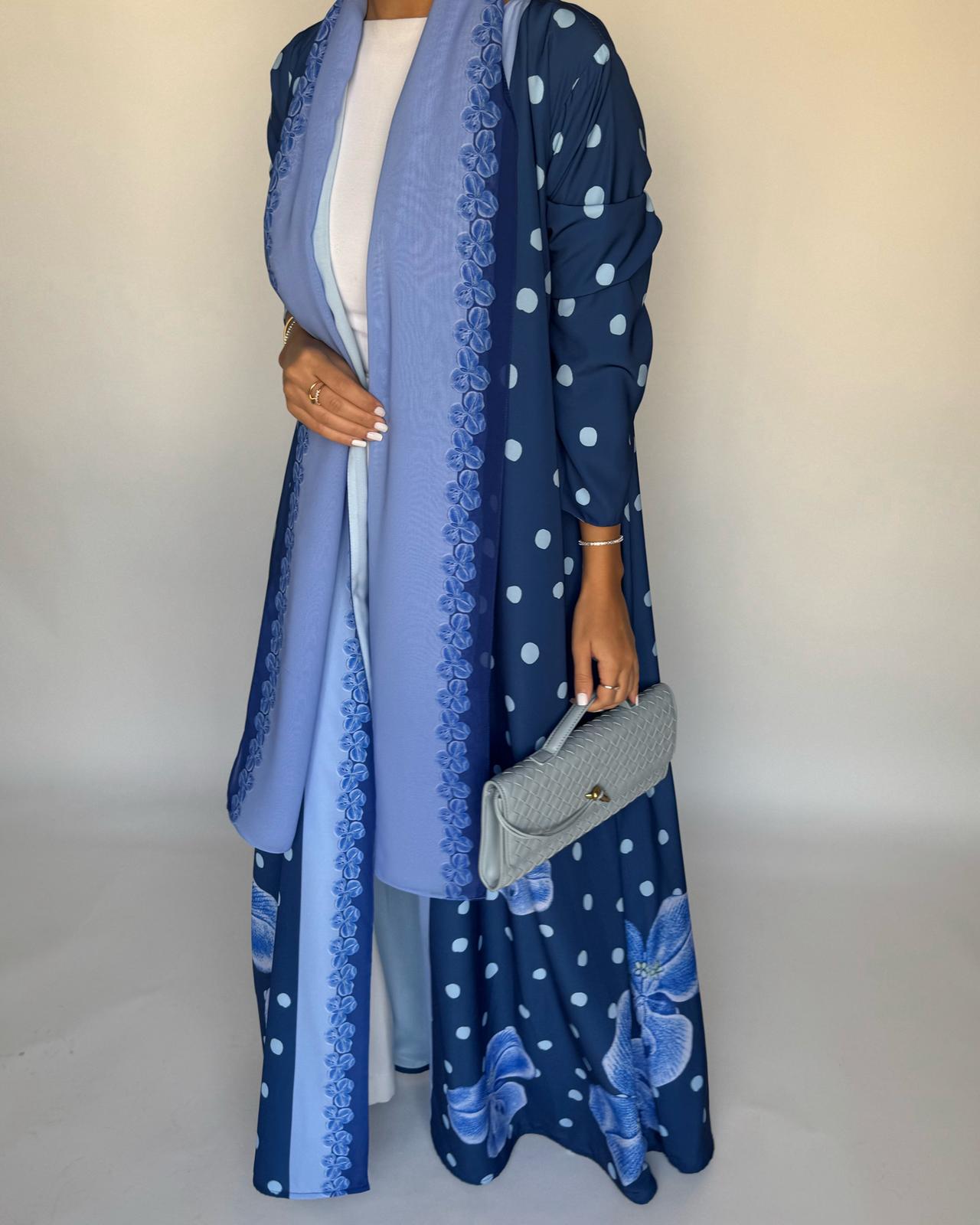 A471 - Blue Polka Dot Flower A-Cut Crepe Abaya with Matching Head Scarf