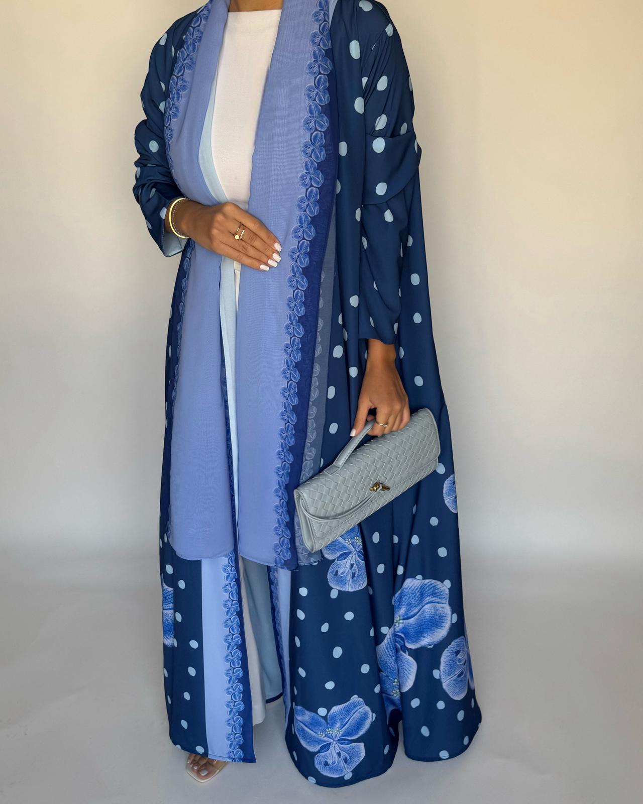 A471 - Blue Polka Dot Flower A-Cut Crepe Abaya with Matching Head Scarf