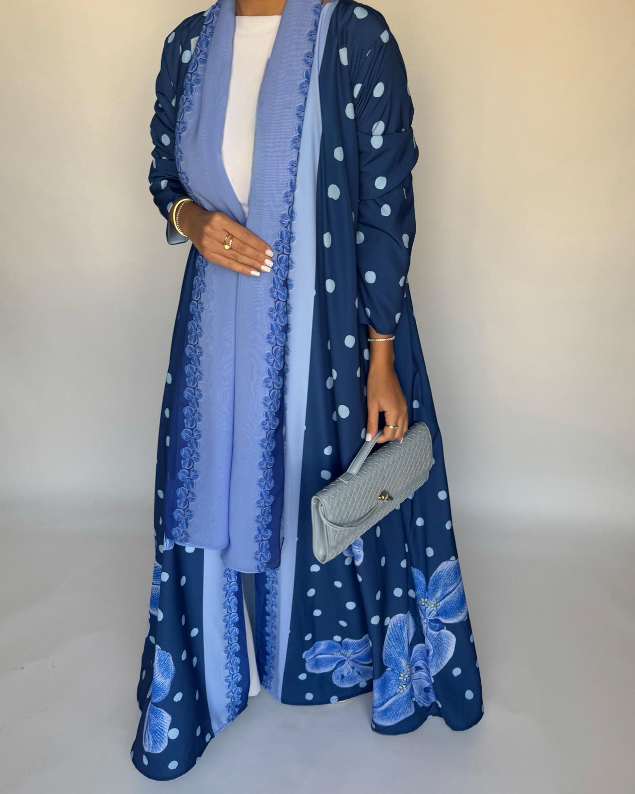 A471 - Blue Polka Dot Flower A-Cut Crepe Abaya with Matching Head Scarf