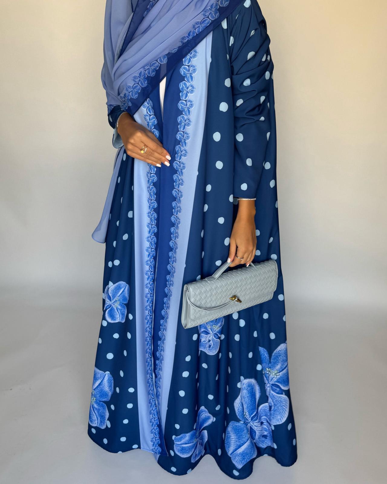 A471 - Blue Polka Dot Flower A-Cut Crepe Abaya with Matching Head Scarf