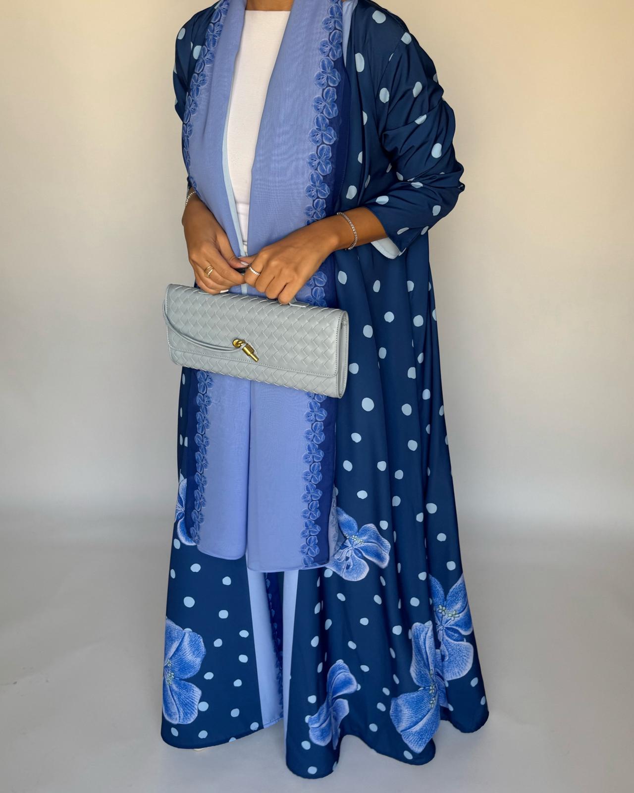 A471 - Blue Polka Dot Flower A-Cut Crepe Abaya with Matching Head Scarf