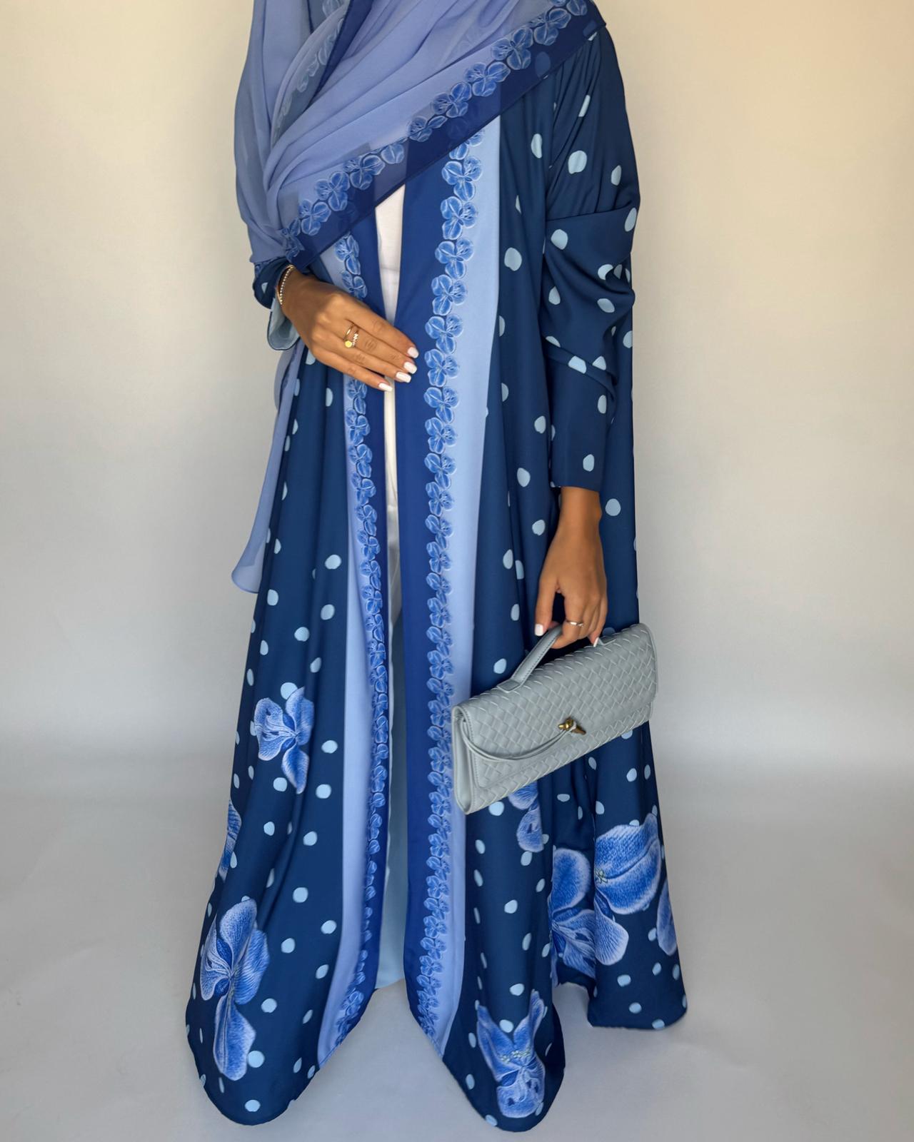 A471 - Blue Polka Dot Flower A-Cut Crepe Abaya with Matching Head Scarf