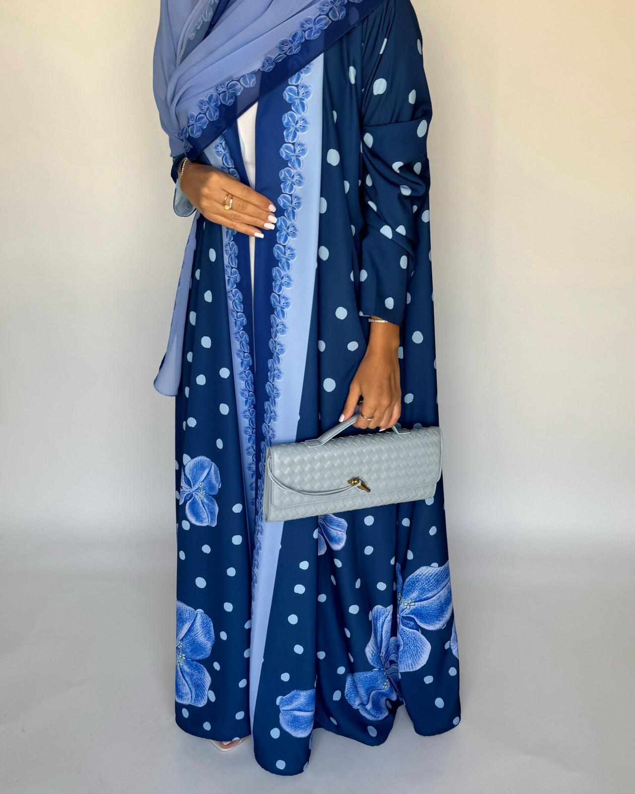 A471 - Blue Polka Dot Flower A-Cut Crepe Abaya with Matching Head Scarf