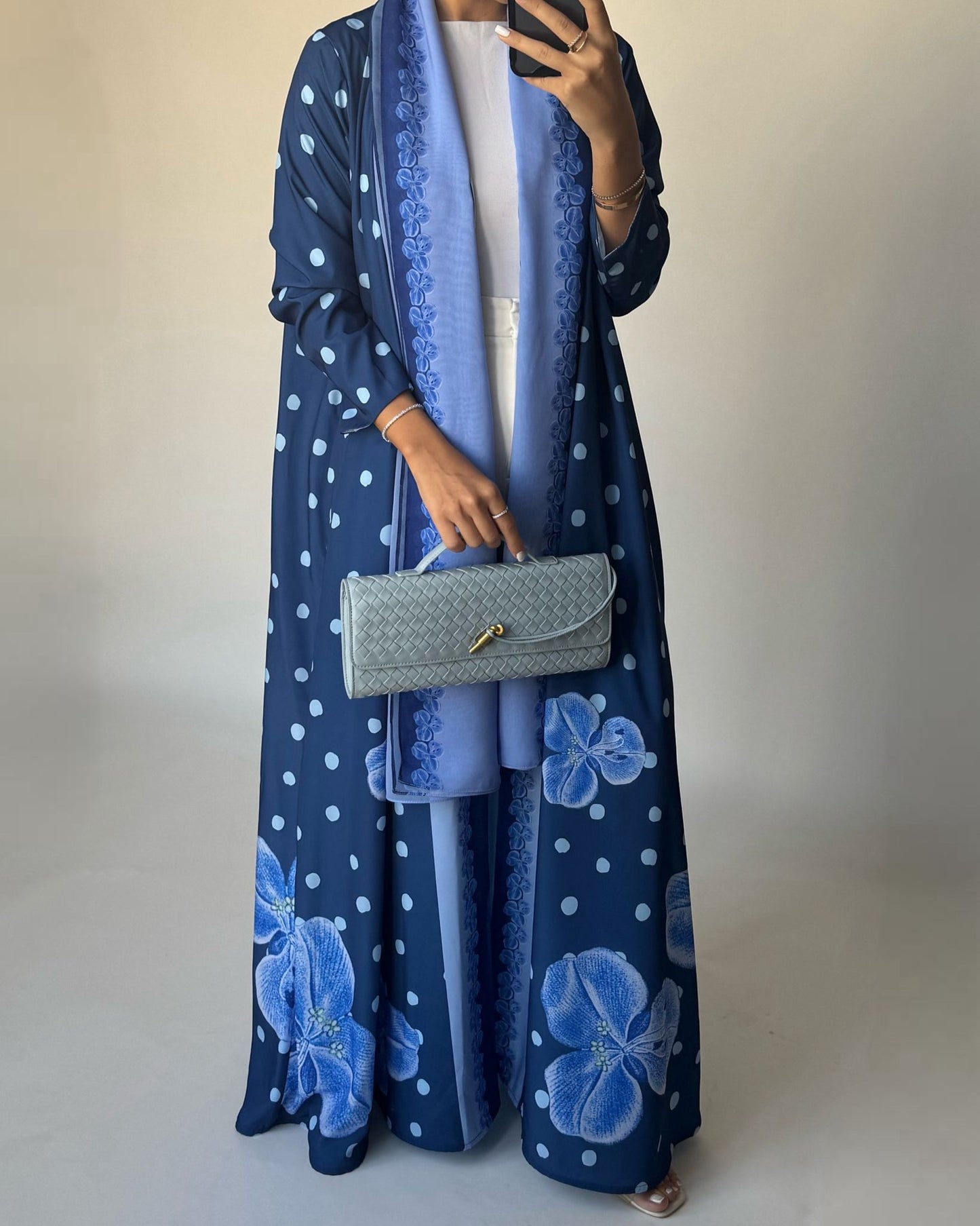 A471 - Blue Polka Dot Flower A-Cut Crepe Abaya with Matching Head Scarf