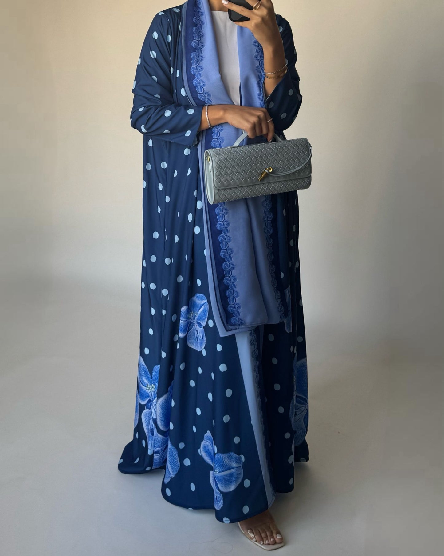 A471 - Blue Polka Dot Flower A-Cut Crepe Abaya with Matching Head Scarf