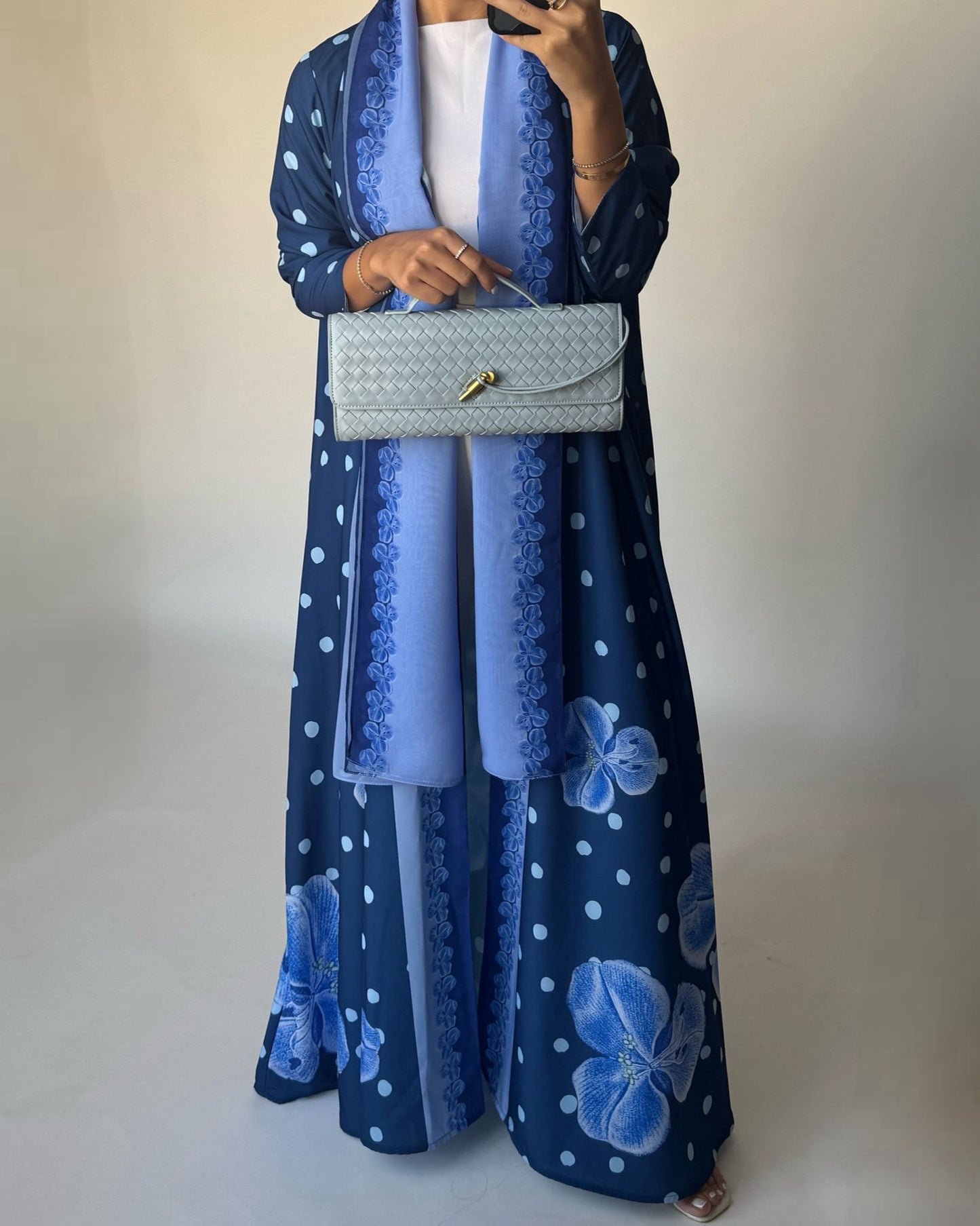 A471 - Blue Polka Dot Flower A-Cut Crepe Abaya with Matching Head Scarf