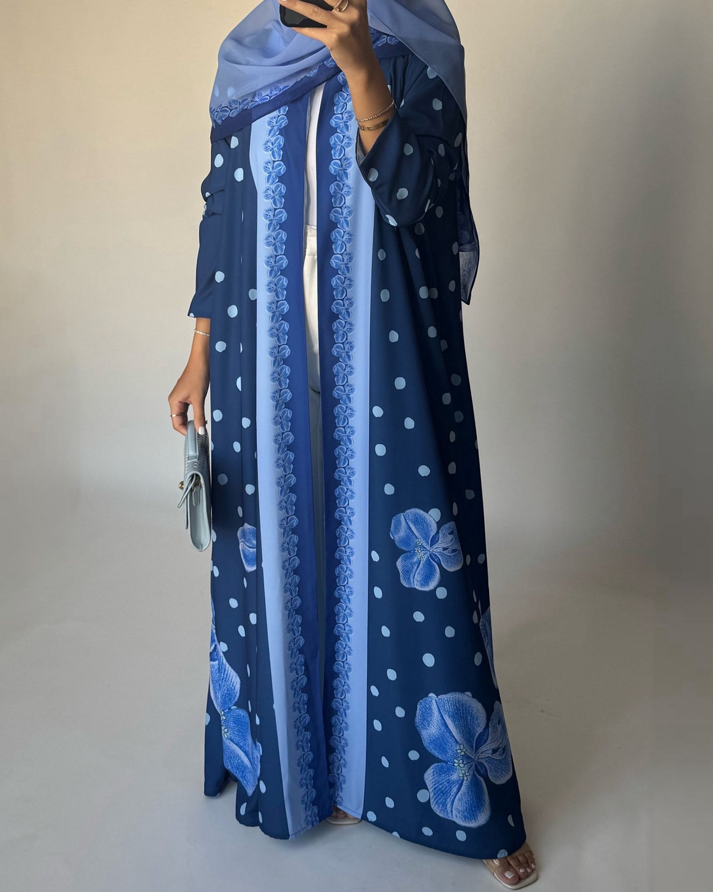 A471 - Blue Polka Dot Flower A-Cut Crepe Abaya with Matching Head Scarf