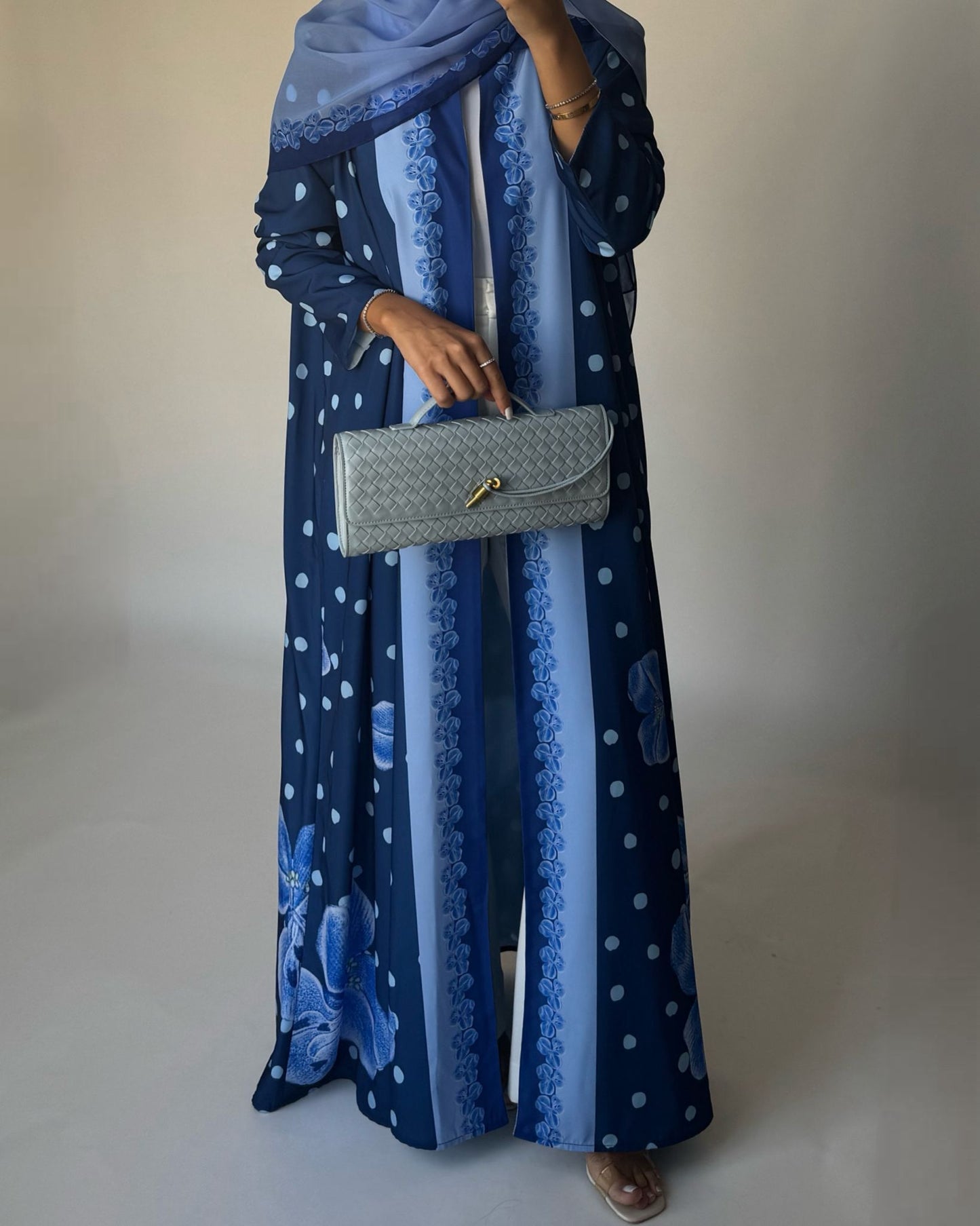 A471 - Blue Polka Dot Flower A-Cut Crepe Abaya with Matching Head Scarf