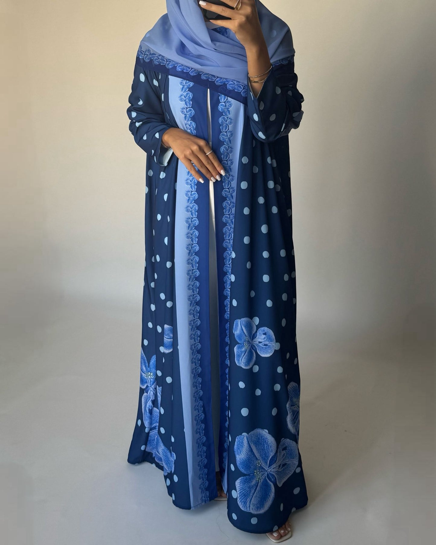 A471 - Blue Polka Dot Flower A-Cut Crepe Abaya with Matching Head Scarf
