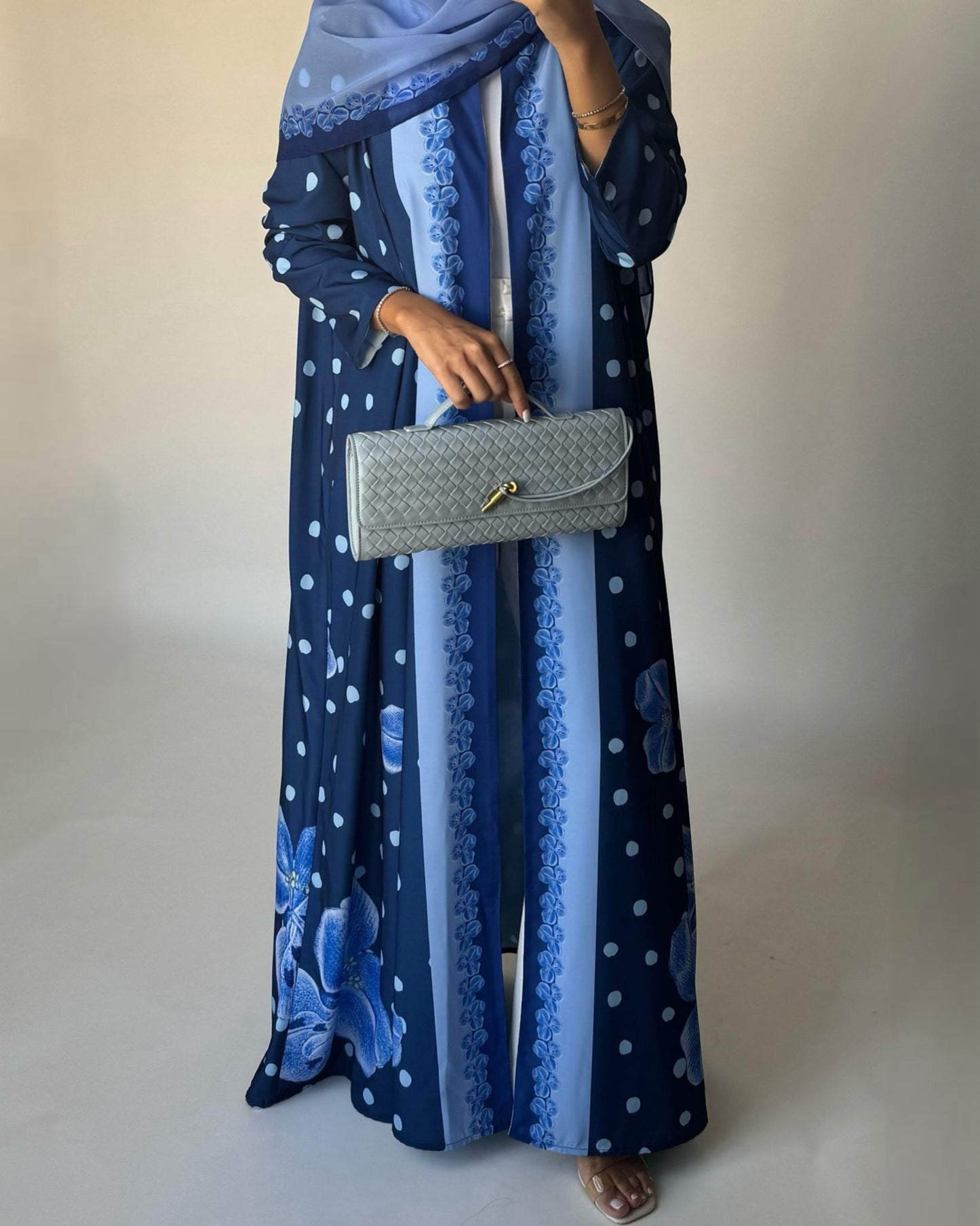A471 - Blue Polka Dot Flower A-Cut Crepe Abaya with Matching Head Scarf