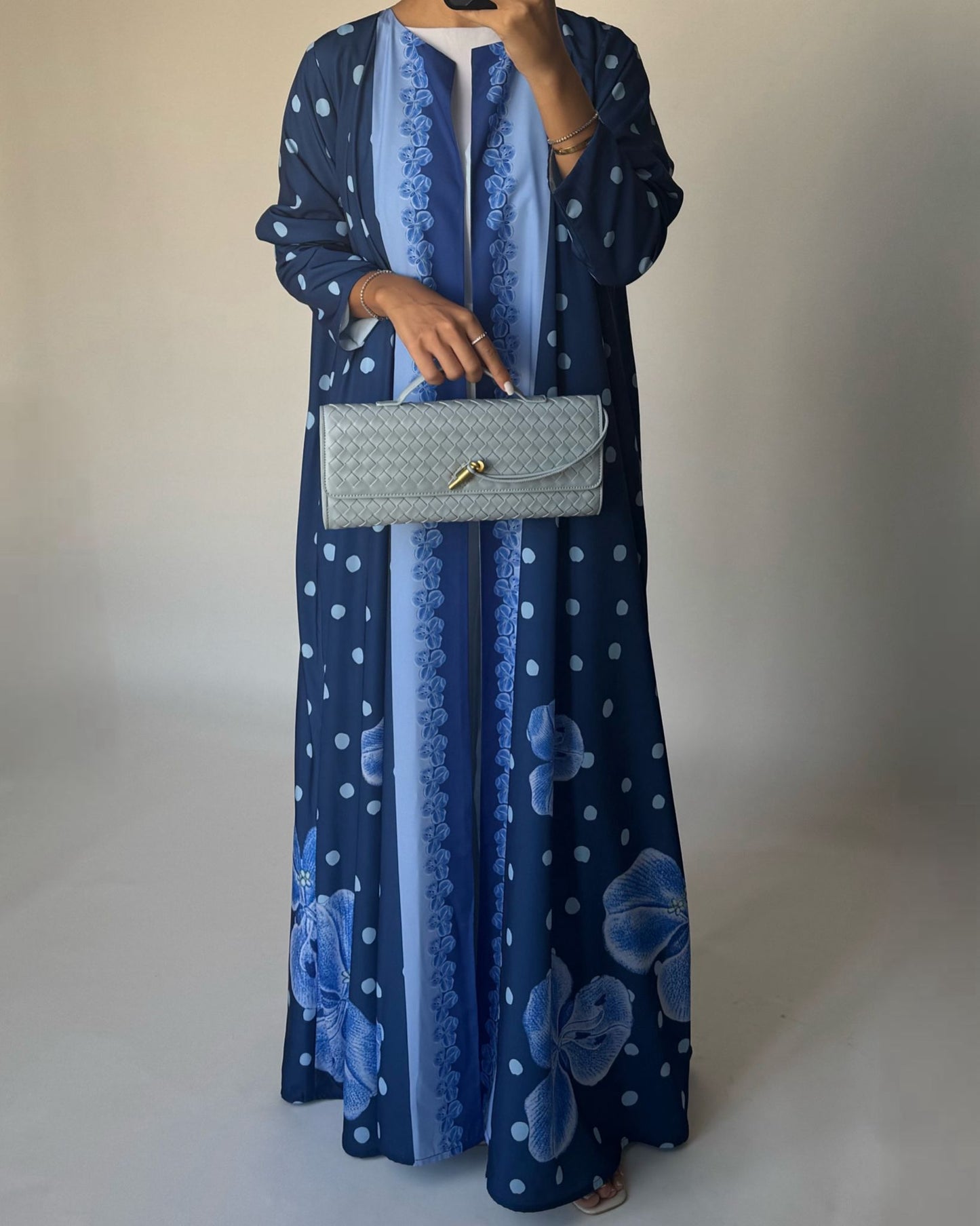 A471 - Blue Polka Dot Flower A-Cut Crepe Abaya with Matching Head Scarf